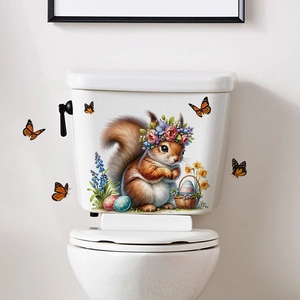 Pegatinas de pared de ardilla de Pascua con corona de flores y mariposas decorativas