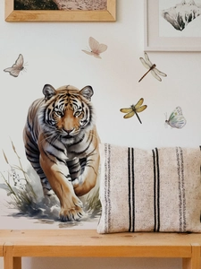 Realistic tiger wall decal with butterflies for home living room background decor