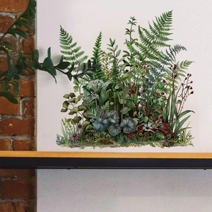 Stickers muraux feuilles de plantes vertes et fleurs mauves pour décoration intérieure
