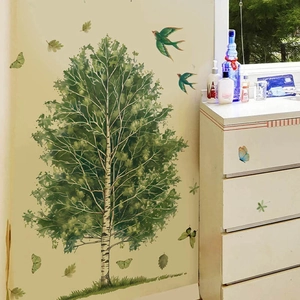 Großer Wandaufkleber mit Birke, grünen Vögeln und Schmetterlingen für Wohnkultur
