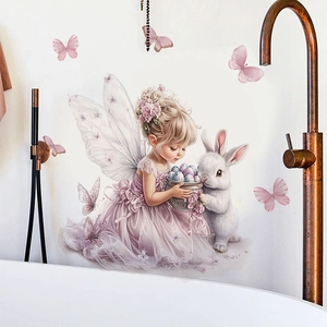 Fairy and rabbit wall decals for Easter kids room decoration with pink butterflies