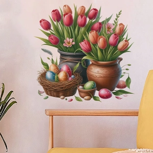 Oster-Wandaufkleber mit bunten Tulpen in Töpfen und dekorativen Eiern auf rosa Wand