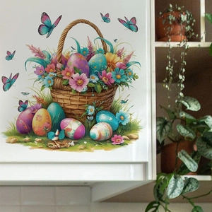 Pegatinas de pared de cesta de Pascua con huevos de colores y mariposas para hogar