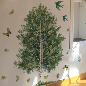 Großer grüner Birkenbaum Wandaufkleber mit bunten Schmetterlingen für Wohnzimmer Deko