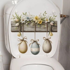 Easter toilet lid sticker with colorful eggs and spring flowers on white background