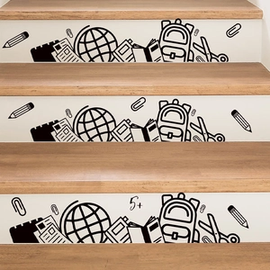 School themed black line wall stickers for stairs with stationery icons and hand-drawn patterns