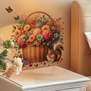 Easter floral basket wall decal with squirrel and butterfly for cozy home interior decor