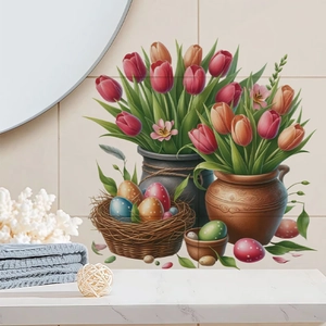 Oster-Wandaufkleber mit bunten Tulpen und Eiern auf einer glatten Badfliesenoberfläche