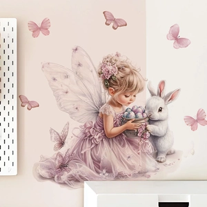Easter Fairy Girl Wall Decals with Cute Bunny and Butterflies for Nursery Decor