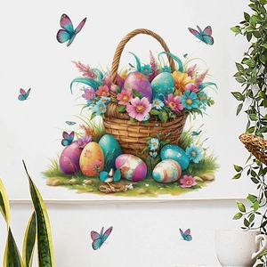 Pegatinas de pared de Pascua con cesta de huevos de colores y mariposas decorativas