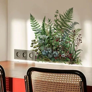 Stickers muraux autocollants de fougères vertes et fleurs pour décor de salon sur mur blanc