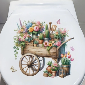 Garden themed flower cart wall sticker on white toilet lid with butterflies and succulents