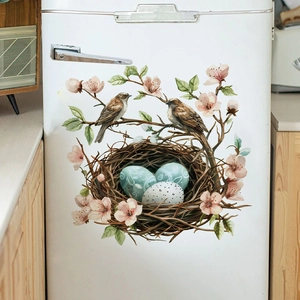 Easter wall sticker with watercolor birds, blossoms and nest on white refrigerator