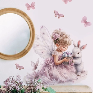 Easter fairy girl wall sticker with white rabbit, colorful eggs and pink butterflies