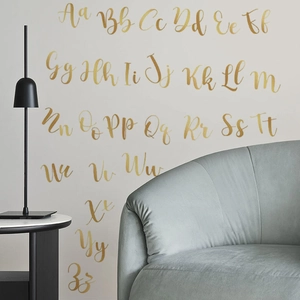Adesivi murali alfabeto dorato con eleganti lettere corsive per decorazioni soggiorno