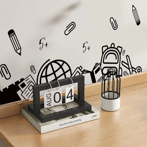 Minimalist black line wall stickers with educational school elements for study room decor