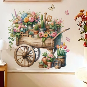 Easter floral cart wall stickers with blooming flowers and butterflies for living room decor