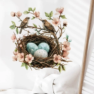 Easter wall sticker featuring birds on pink flower branches with nest and colored eggs