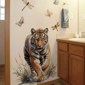 Realistic tiger wall sticker with butterflies and dragonflies on a neutral bathroom wall
