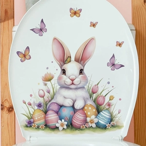 Easter bunny and egg decal on white toilet lid with flowers and butterflies