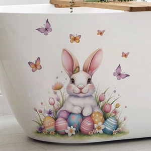 Easter rabbit and colorful eggs PVC wall stickers for home decoration on white bathtub