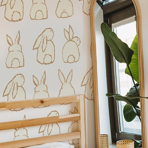 Minimalist brown line bunny Easter wall stickers on cream background for nursery decor