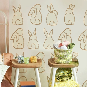 Cute Easter bunny self-adhesive wall stickers with repeating patterns in a warm bedroom setting