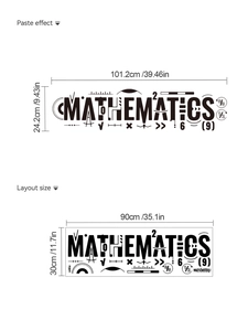 Detailed dimension layout for black mathematics wall sticker showing application sizes