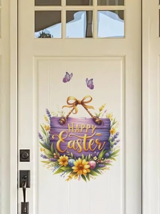 Close-up of Happy Easter door sticker with yellow daisies and purple wood texture