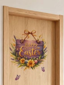 Easter floral door sticker with Happy Easter text on light wood background texture