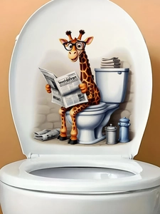 Sticker 3D girafe lisant un journal sur l'intérieur d'un abattant de WC blanc