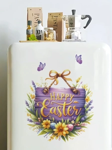 Kitchen scene showing Happy Easter floral door sticker with purple wood texture and bow