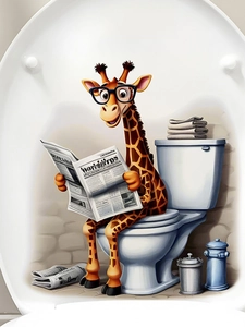 Sticker girafe humoristique lisant un journal sur un abattant de toilettes blanc