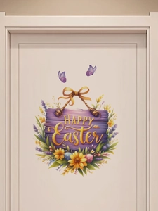 Detail view of Happy Easter self-adhesive PVC door sticker with purple bow and floral wreath