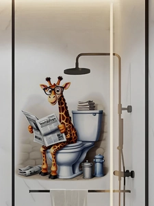 Sticker mural 3D girafe rigolote lisant le journal sur les toilettes de salle de bain