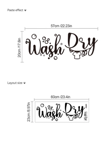 Close-up of Laundry wall decal showing Wash Dry lettering and 57x20cm dimensions