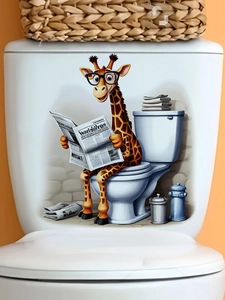 Sticker 3D girafe lisant un journal pour décoration de toilettes et salle de bain