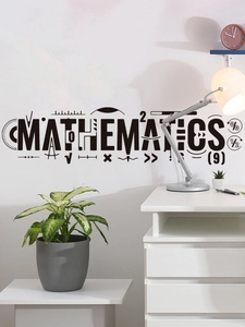 Close-up of black PVC mathematics wall decal with geometric symbols on white study wall