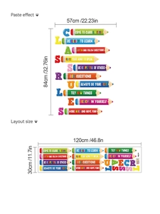 Detail of colorful pencil class rules wall decal with specific product dimensions
