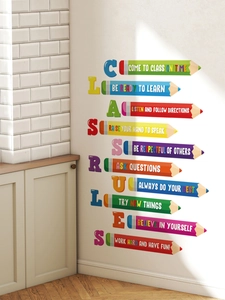 Detail view of colorful pencil-shaped class rules wall stickers on white wall