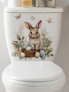 Detail of Easter bunny and colorful eggs watercolor wall sticker on a white ceramic surface