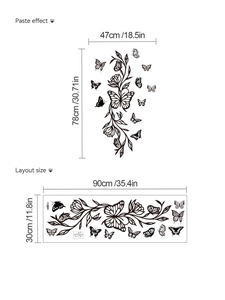 Detailed size chart for black butterfly wall stickers with layout and paste dimensions