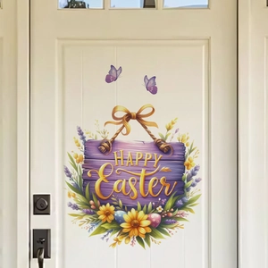 Easter floral door sticker with purple wood texture, Happy Easter sign, and sunflowers