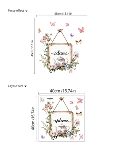 Floral welcome teapot wall sticker layout size 40x40cm and 46x46cm paste effect