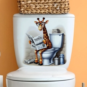 Sticker de Toilettes Girafe de Dessin Animé Humoristique Lisant un Journal Autocollant Mural en PVC Imperméable pour Décoration de Salle de Bain