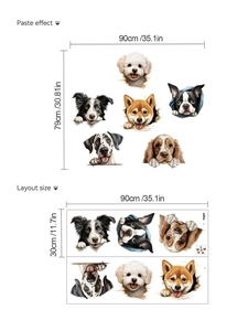 Detailed layout and paste dimensions for realistic dog theme PVC wall stickers for kids room