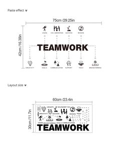 Detailed size chart for black teamwork wall decal showing layout and paste dimensions