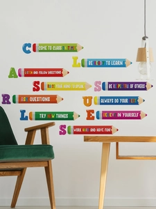Detail of colorful pencil class rules wall decals for classroom and nursery decoration