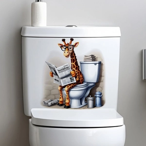 Sticker de toilette girafe rigolote lisant un journal pour décoration de salle de bain