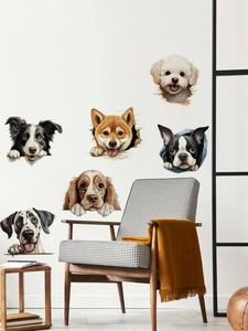 Detail of diverse 3D puppy wall decals showing realistic PVC dogs cracking through the wall